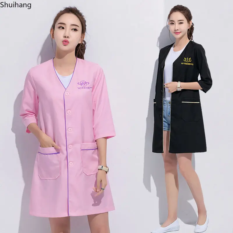 Custom Logo beauty uniform beautician Skin manager work clothes spa uniform white large size short-sleeve lab coat Salon Scrubs