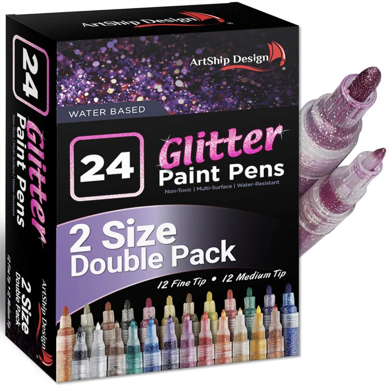 

24 Glitter Paint Pens, Double Pack Extra Fine & Medium Tip Markers for Rock, Glass, Ceramic & Fabric Painting, Water-Based