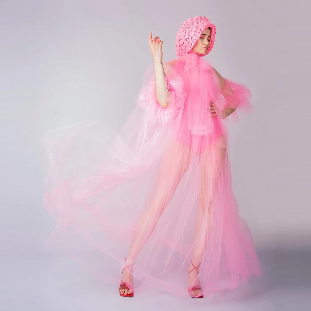 

Modern Pink Sheer See Thru Illusion Robes Women Maxi Dresses Sexy Outfit Floor Length Tulle Party Dresses Hoodies Female Outwear