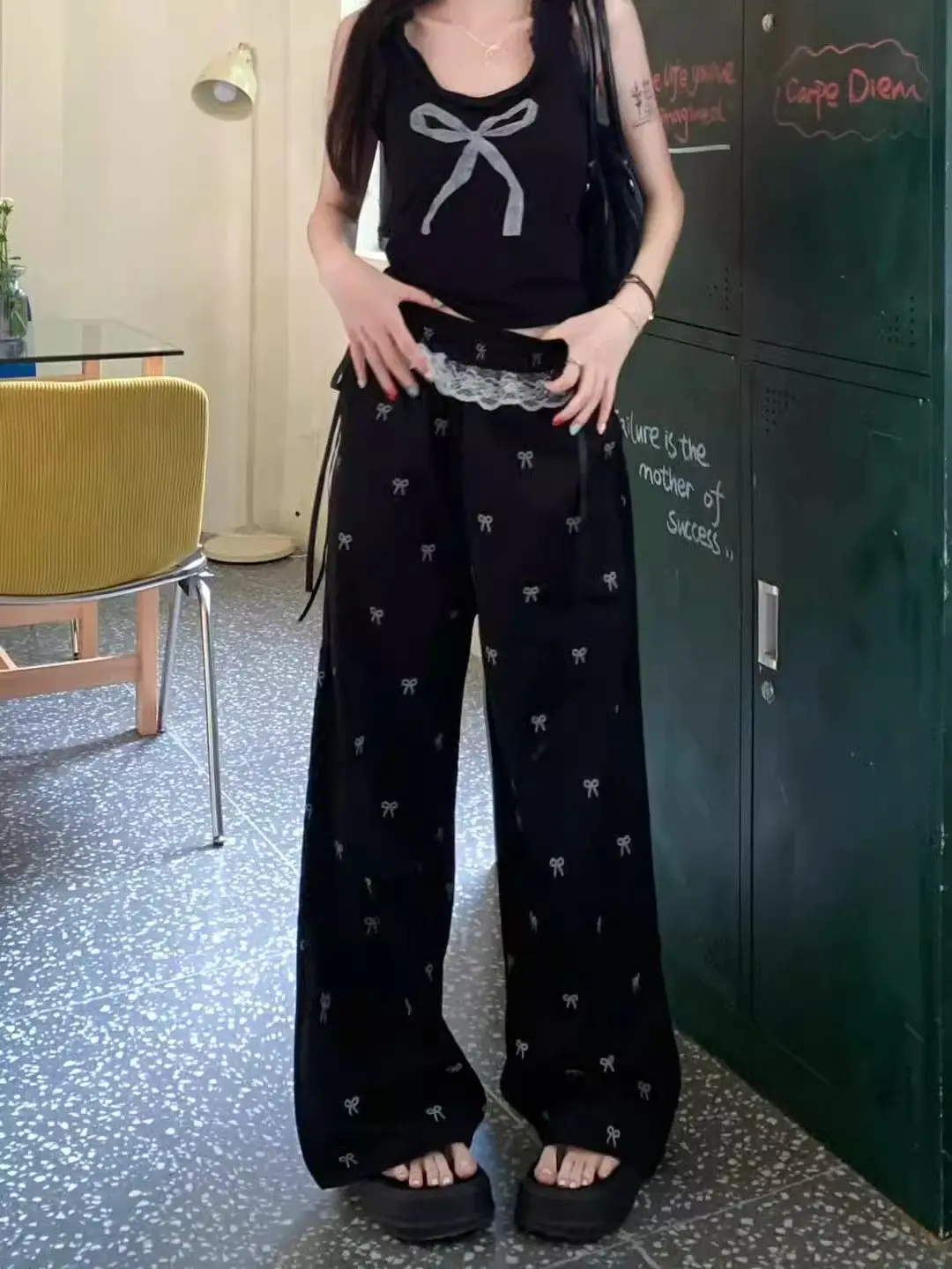 Sweet Sexy Lace Patchwork Casual Bows Pants Women,Summer Loose Elastic Waist Loose Straight Leg Pants