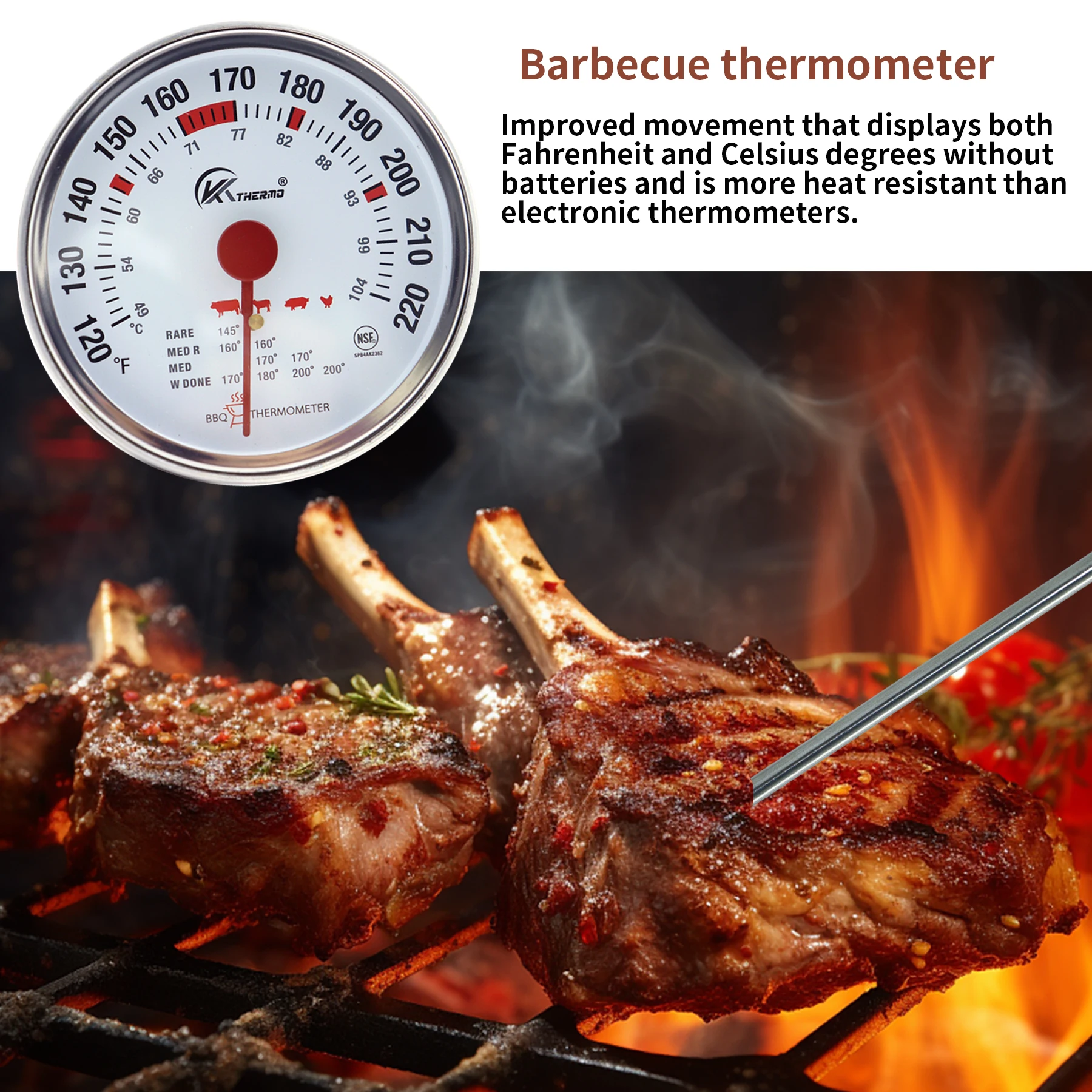 Steak BBQ Thermometer Stainless Steel Meat Thermometer Temperature Meter Food Cooking Gauge Kitchen Tools 60-90°C/140-190°F