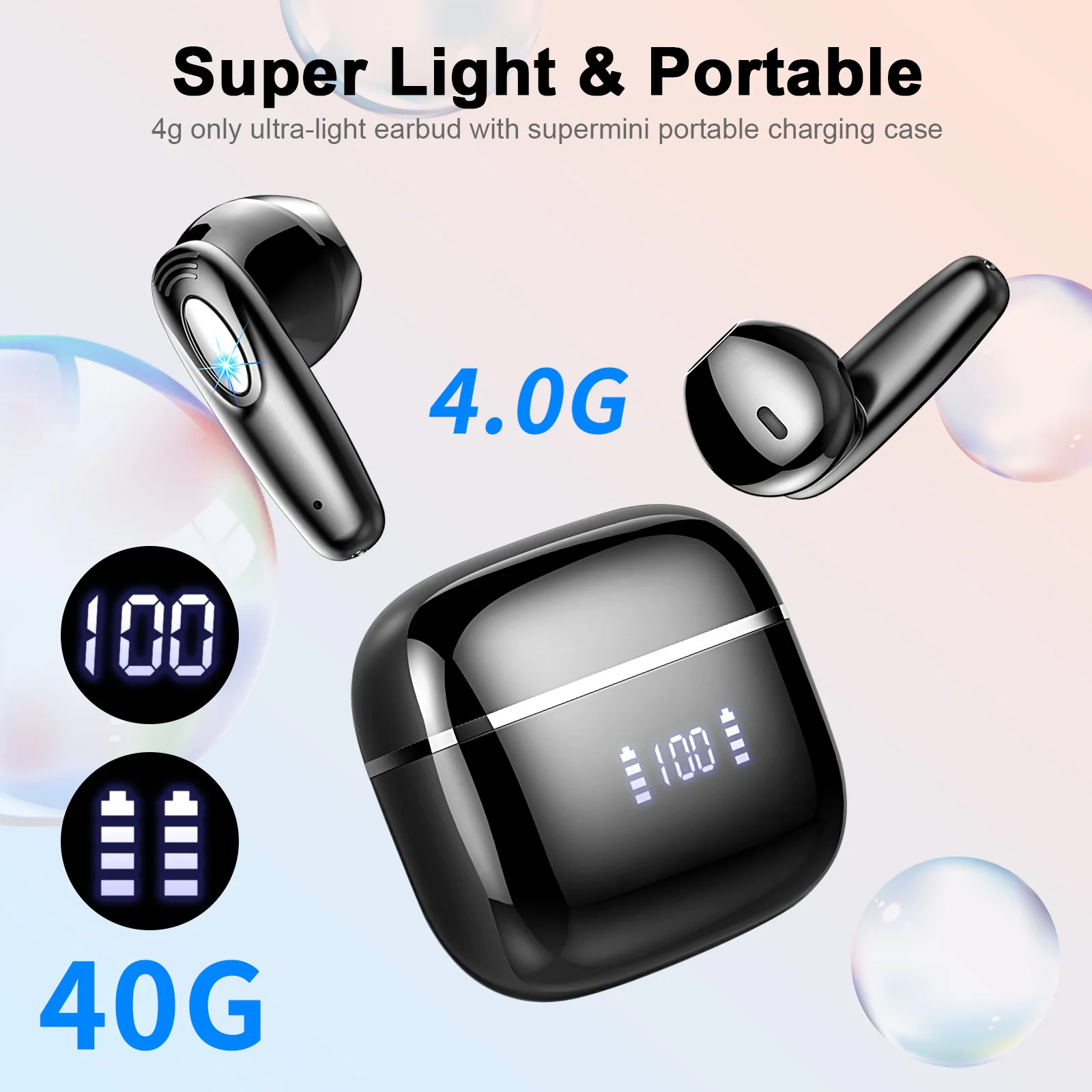 Wireless Earbuds, LED Power Display Bluetooth 5.3 Headphones, 40H Playback Bluetooth Headset with 4 ENC Noise Canceling Mic.