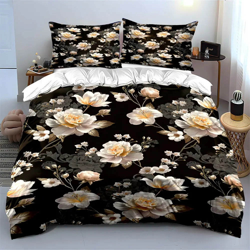 Black Background White Floral Print Bedding Set 1 Duvet Cover 2 Pillowcases for Adult and Children Luxury Gift Full Size
