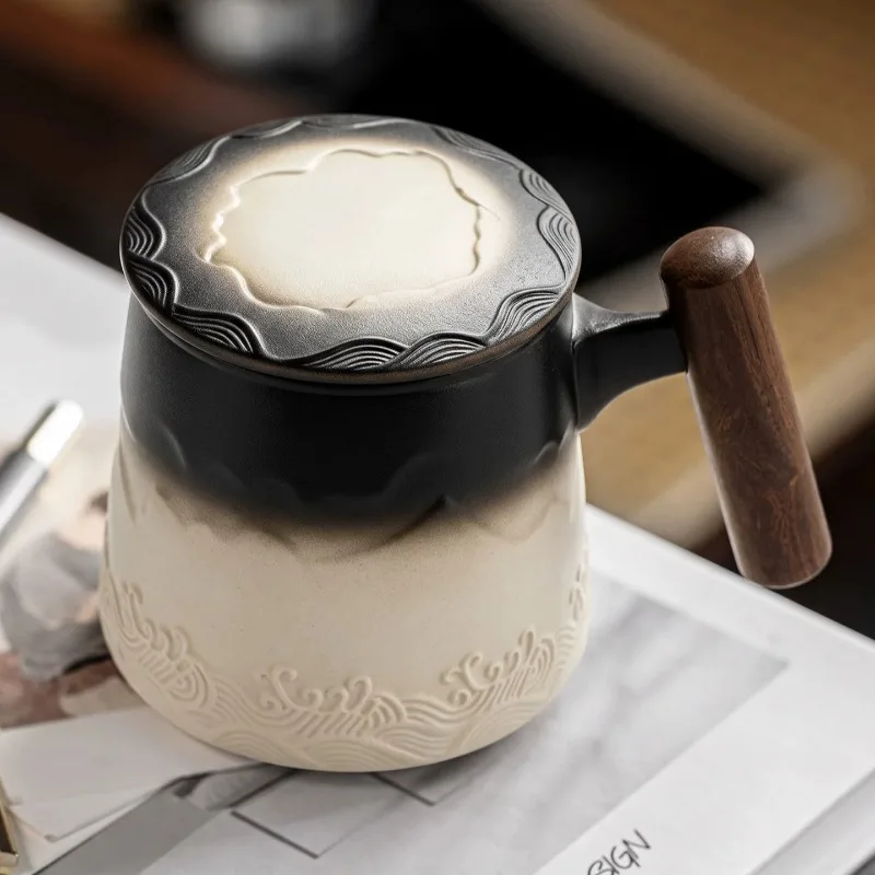 Ceramic Mugs Retro Luxury Large Capacity Tea-infuser Cup Pretty Office Insulated Mug with Lid and Wooden Handle Home Drinkware