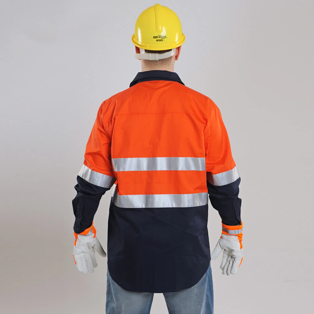 Camisa de trabajo de seguridad de dos tonos, ropa reflectante de trabajo, 100% algodón, naranja, azul marino, camisas de seguridad con cintas Hi Vis