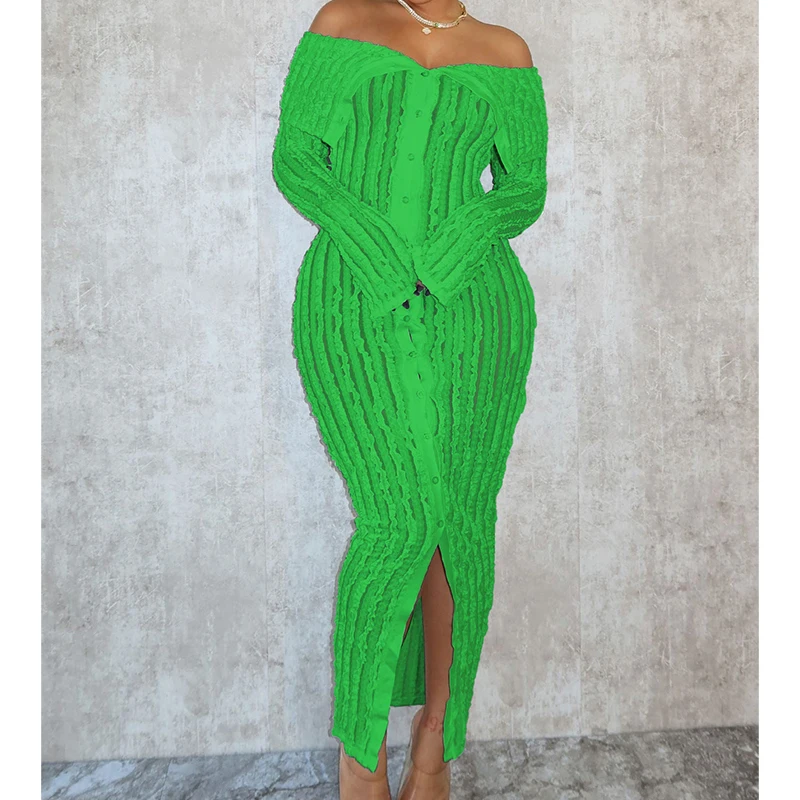 Women's Summer Off Shoulder Bodycon Dress Sexy Long Sleeve Button Down See Through Mesh Sundress Club Party Maxi Dresses Vestido