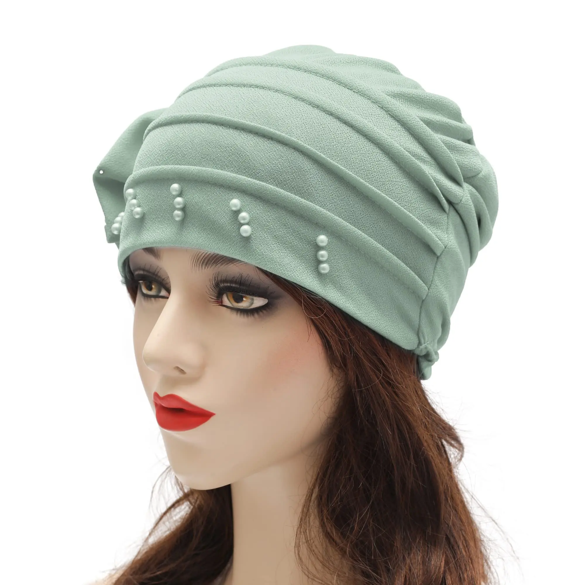 2024 New Pearls Muslim Fashion Women Hijabs Turban Beanie Hat With Flower Chemo Headwear Elastic Head Wrap Cap