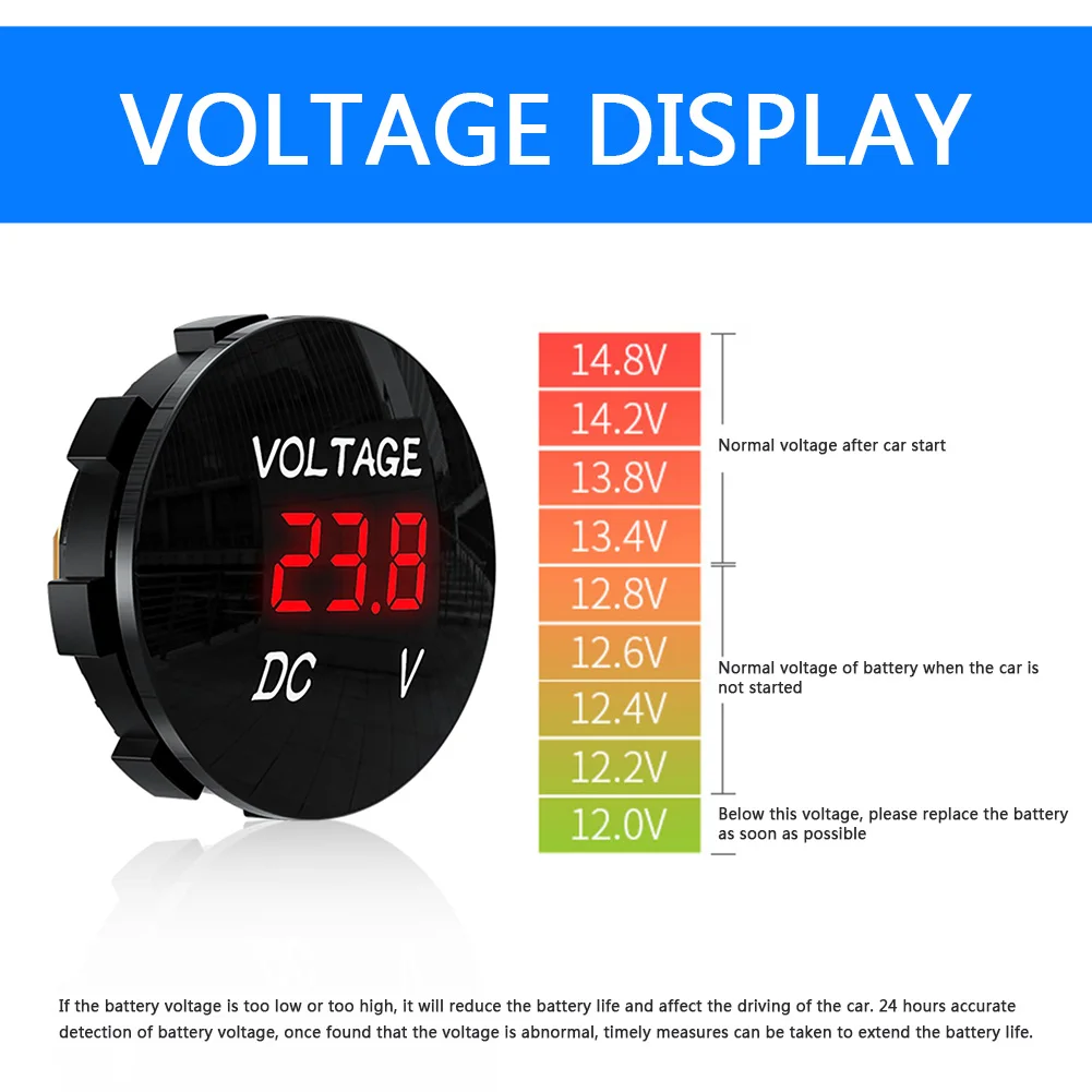 DC 5V-48V LED Mini Motorcycle Panel Digital Voltmeter Voltage Gauge Meter Battery Capacity Display Volt for Car Boat Marine