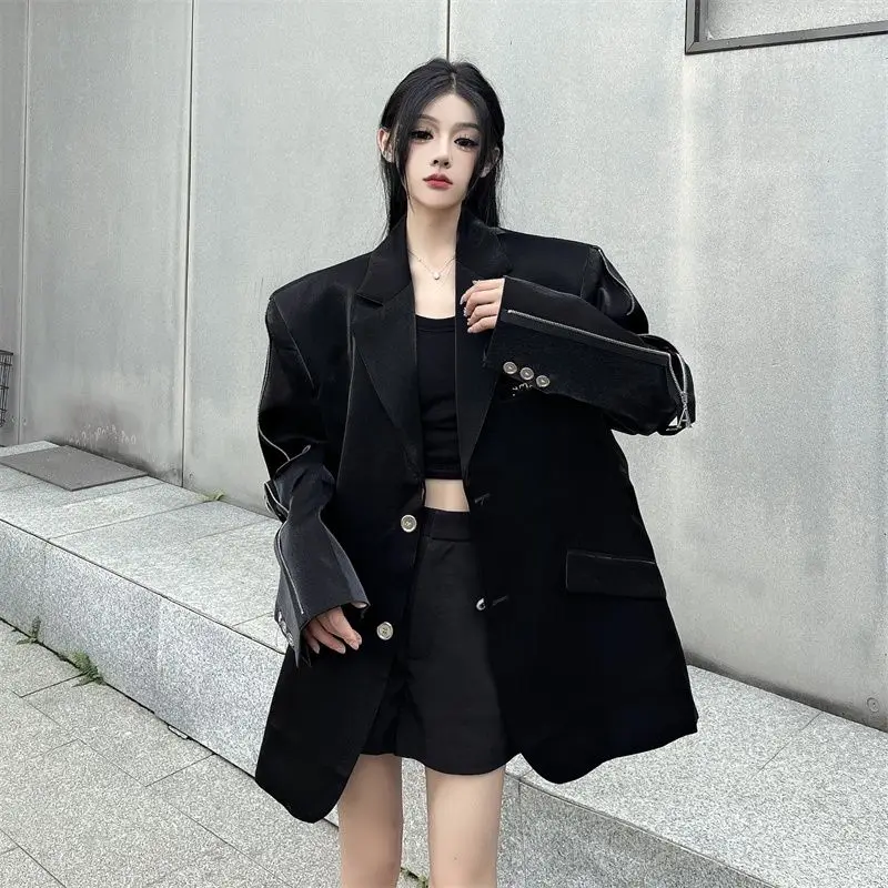 Metal zipper shoulder pad Blazer Suit Jackets,For Women Clothing,Spring Autumn Blazers,Black Loose Casual Suit Coats,Female Tops