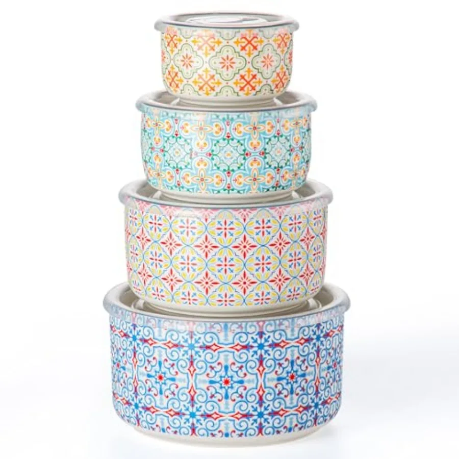 

Ceramic Nesting Bowl Set with Lids: Set of 4 Microwavable Mixing Bowls and Food Storage Containers for Kitchen Prep and Serving