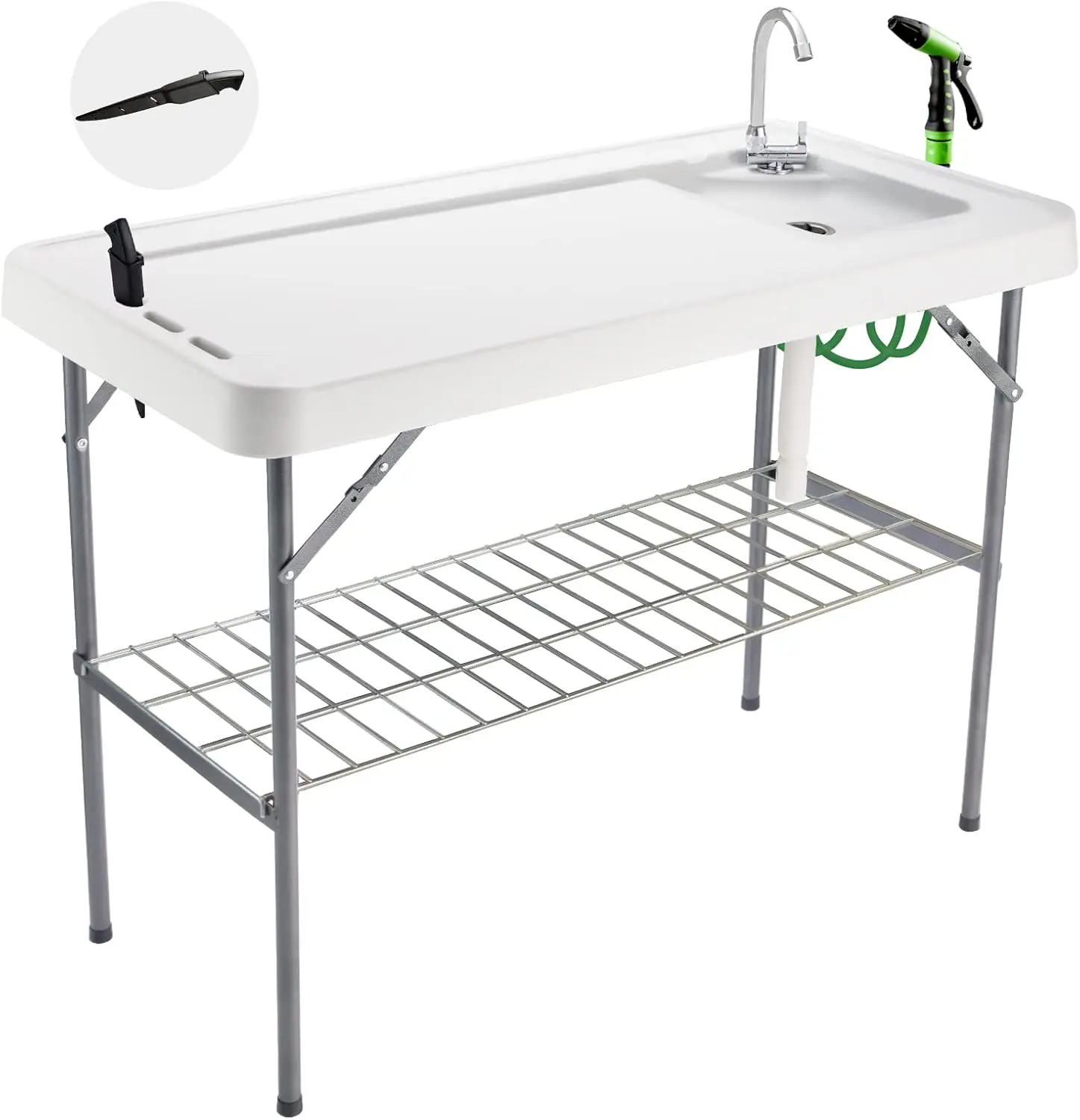 Cleaning Table Portable Camping Sink Table with Faucet Drainage Hose & Sprayer Outdoor Fish Fillet Cleaning Station with Grid Ra