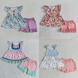 Wholesale Children Summer Boutique Casual Wear Set Toddler Floral Tunic Tops Ruffle Shorts Kids Baby Girl Flower Outfit