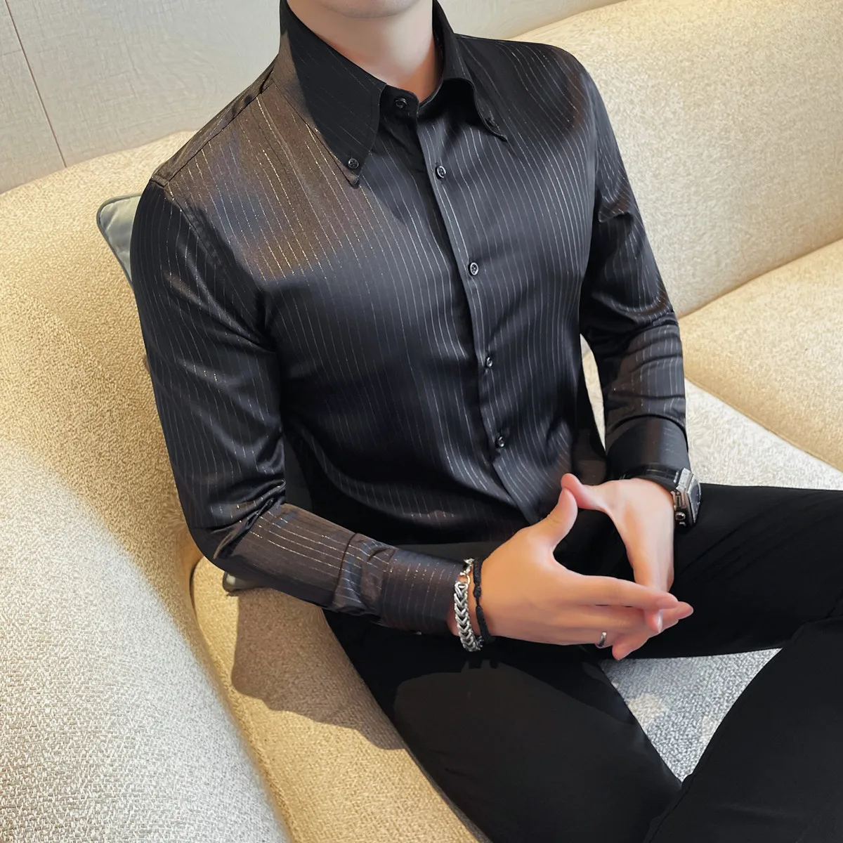 Spring Mens Formal Shirt Button Lapel Shirt 2025 Men Black White Long Sleeve Striped Shirts Male Wedding Work Business Top