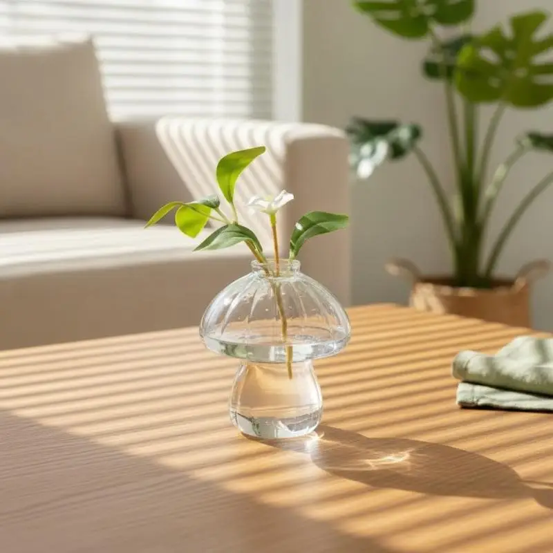 Cute Mushroom-Shaped Plastic Vase Clear Mini Ribbed Planter For Hydroponics, Small Flowers & Desk Decor