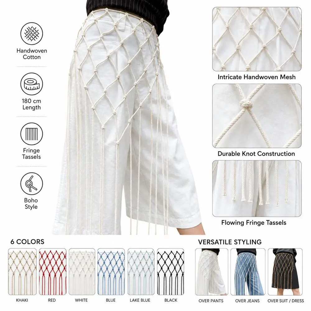 Bohemian Netted Fringe Waistband Decorative Tassel Ethnic Design Handwoven Bikini Cover Up Waist Wrap Women's Waist Accessory