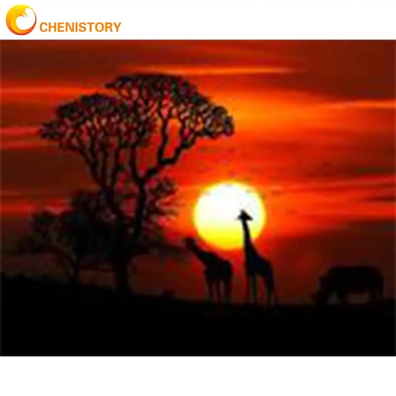 

CHENISTORY Oil Painting By Numbers On Canvas Giraffe In Sunset Picture Coloring For Adults Kids Home Decors Artwork Diy Gift