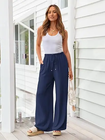 

High Waist Wide Leg Linen Pants Women's Solid Color Casual Slip-On Trousers With Pockets Summer Fashion Plus Size Long Pants