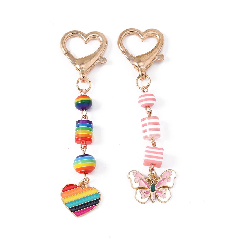 Gilrs Stylish Rainbow Bead String Keychain Pink Butterfly Keiring Pendant DIY Phone Bag Decor Fashion Jewelry Gifts for Women