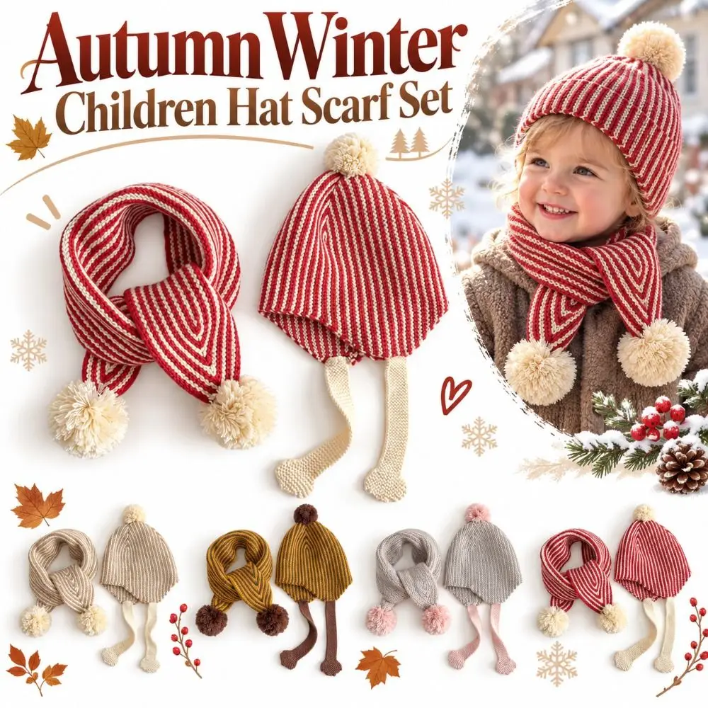 Cozy Autumn Winter Children Hat Scarf Set Warm Knitted Toddler Knit Beanie Stretchy Soft Baby Earflap Hat Ages 2-6 Years