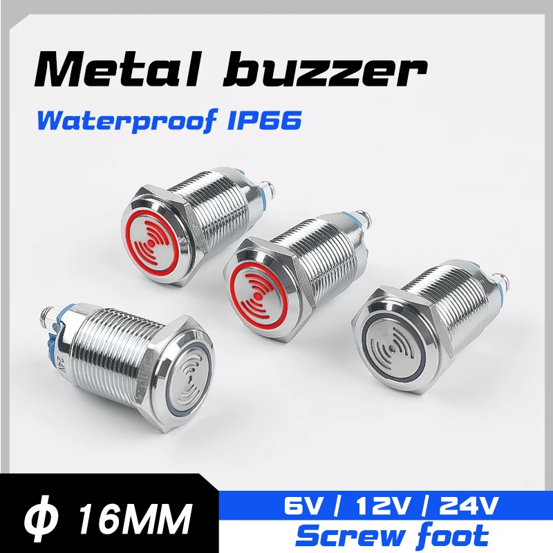 

Водонепроницаемый металлический зуммер 16 мм с винтовыми клеммами, 6В, 12В, 24В, с прерывистым миганием, красным звуковым и световым сигналом тревоги
