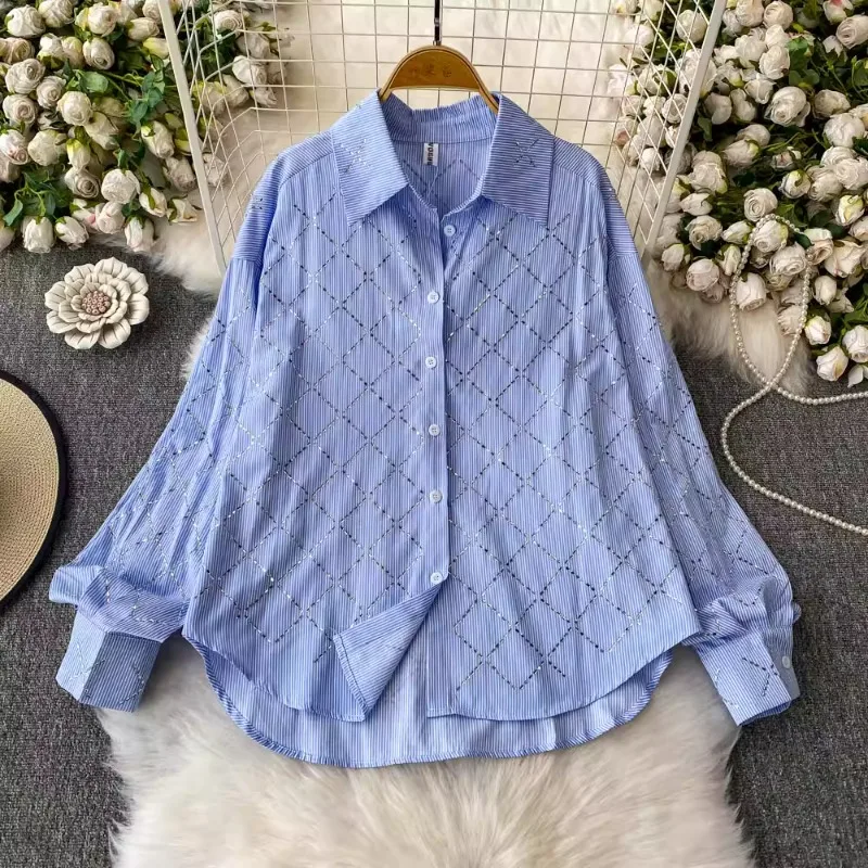 

SuperAen корейская полосатая рубашка с длинными рукавами и лацканами с бриллиантами, женская рубашка, новинка 2025 года, свободный тонкий топ