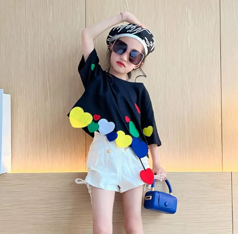 Girl Summer New Black T-Shirts Loves Patchwork Tops Short Sleeve Loose Tees Fashion Teenage Clothes T-Shirts 4-16 Years Wz1119