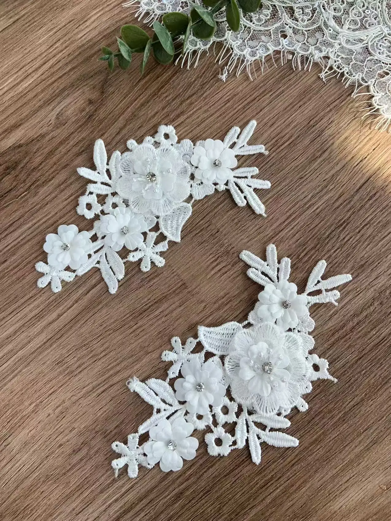 2 Pieces Off White Embroidered Flower Lace Patch Applique for Bridal Ball Gown Decor,Couture Dress Sew on view 3
