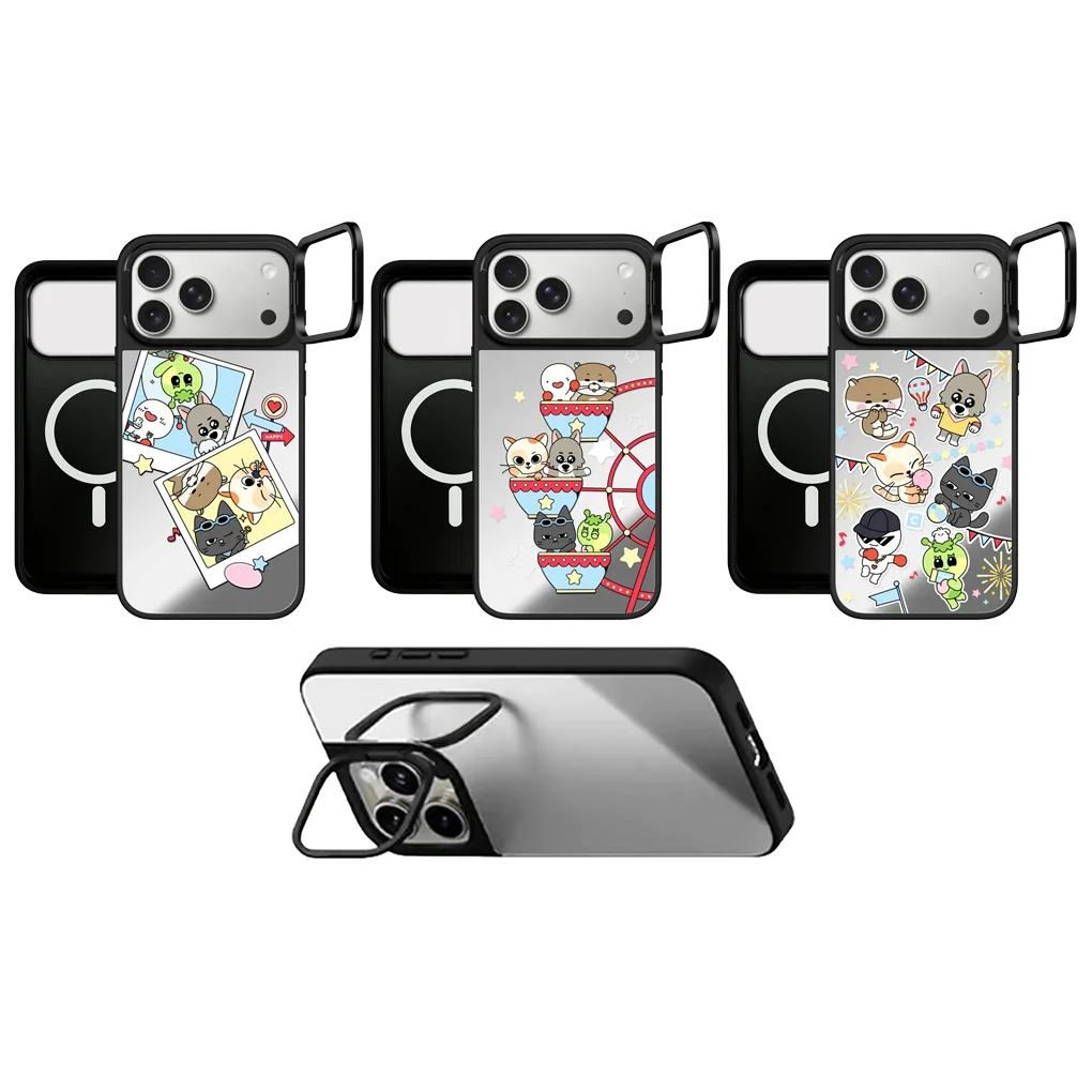 

Cute Animal Companion Pattern Camera Ring Stand Mirror Surface Phone Cover for IPhone 14 15 16 17 Pro Max Case for IPhone 17Pro