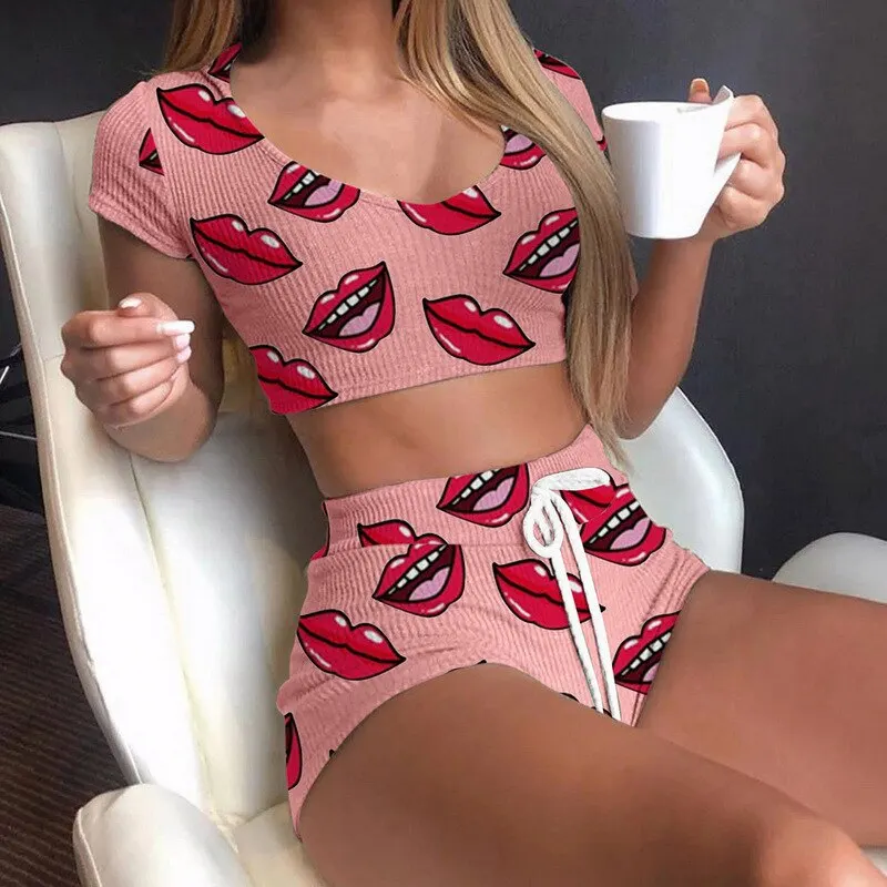 Sommer Kurze Sexy Casual Lippen Drucken Weibliche Nachtwäsche Anzug Pyjamas 2 stücke Top + Hosen Skinng Frauen Homewear Unterwäsche