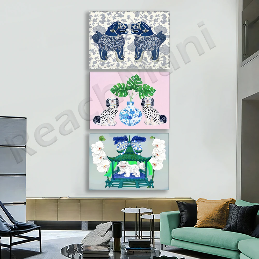 

Lucky Dog, Feng Shui Gift, Poodle, Staffordshire Dog Chinoiserie and Orchid Tropical Bird Art Print, Ginger Jar Art Poster