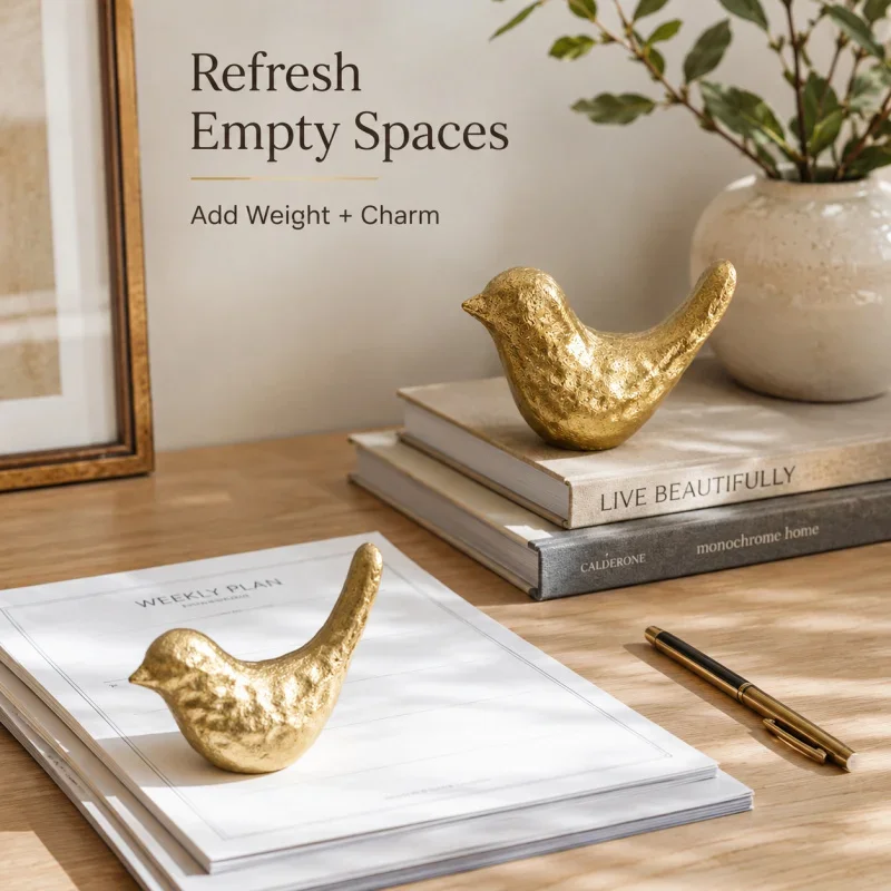 Set of 2 Cast Iron Bird Statue Gold Bird Figurine for Home Desk, Living Room, Bedroom, Office Charming Decorative Ornament