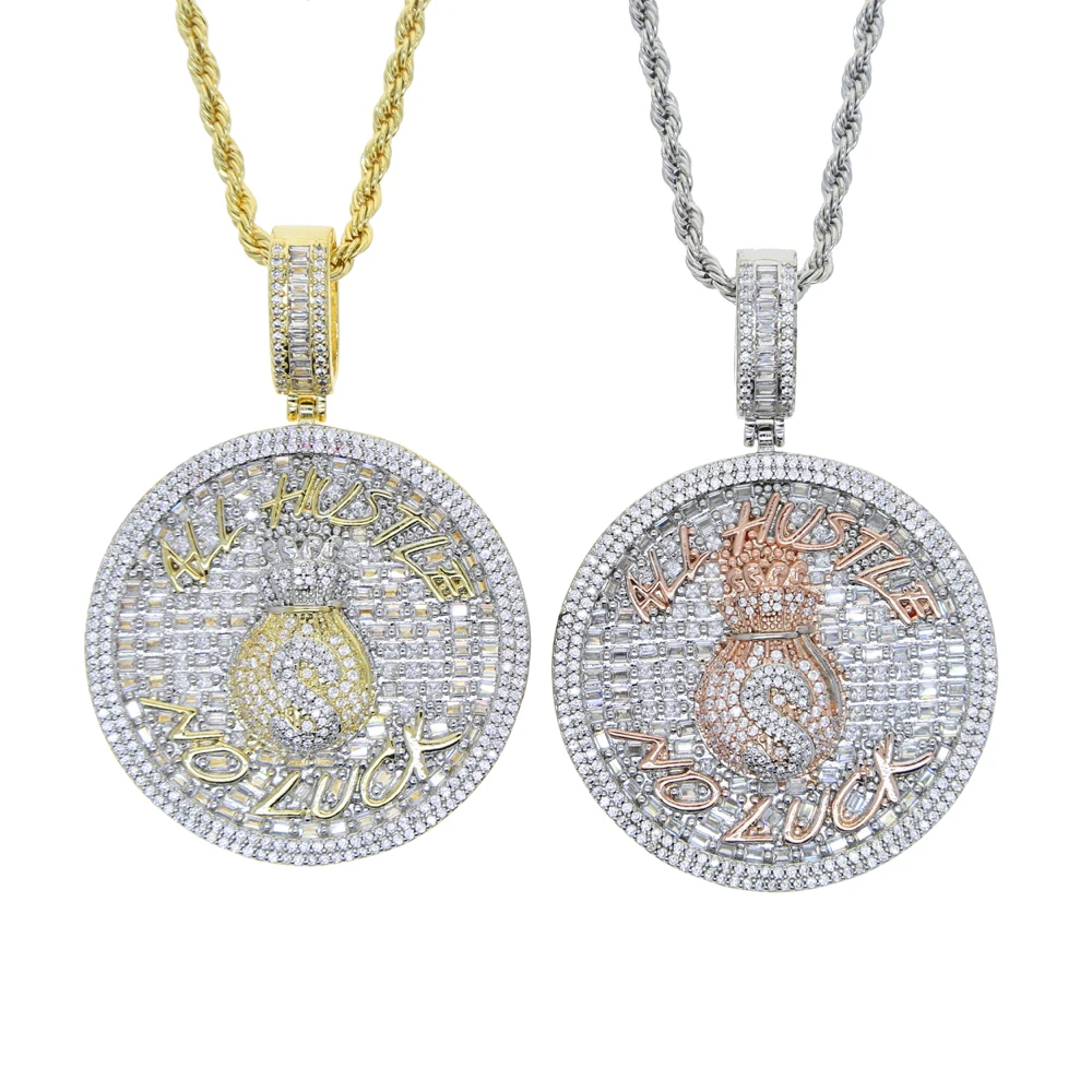 Iced Out Bling 5A CZ Cubic Zircon Round Custom Letter Pendant Money Bag Dollar Symbol Charm Necklace For Men Boy Hip Hop Jewelry