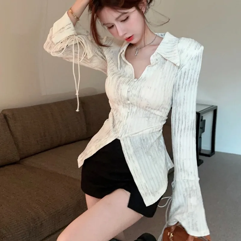 

Рубашки с длинным рукавом, женские хлопковые рубашки с рюшами, облегающие, сексуальные, женские, минималистичные, удобные, романтические, повседневная, для отдыха, офисная одежда