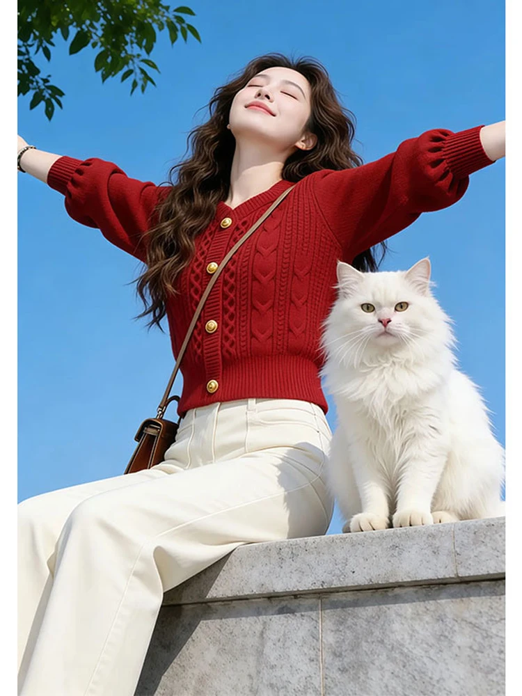 

Cisas New Year Red Twist Knit Sweater Women's Autumn Winter Loose Casual High-End Slimming Versatile Knitted Top