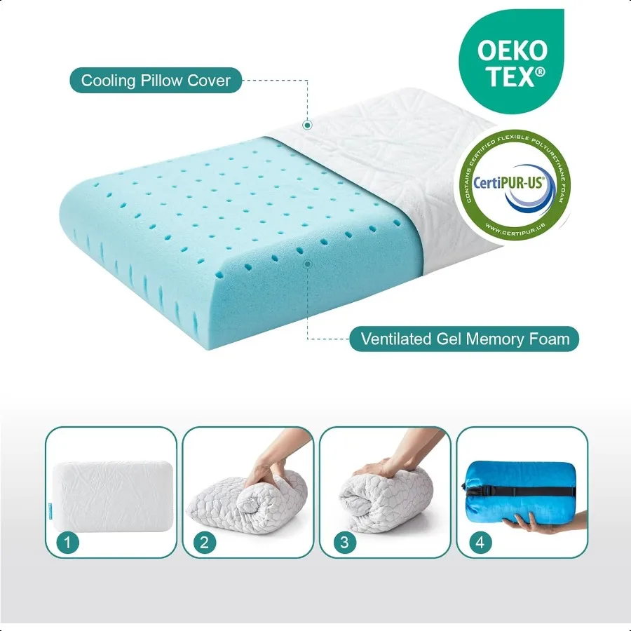 Small Cooling Gel Memory Foam Camping Pillow Travel Contoured port Comprible Pillow Ideal for Backpacking Camping Travel Car Ai