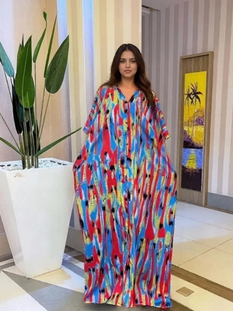 

Dubai Luxury V Neck Elegant Robe Ethnic Print Flap Pocket Pants 2025 African Loose Casual Women's Summer Dress