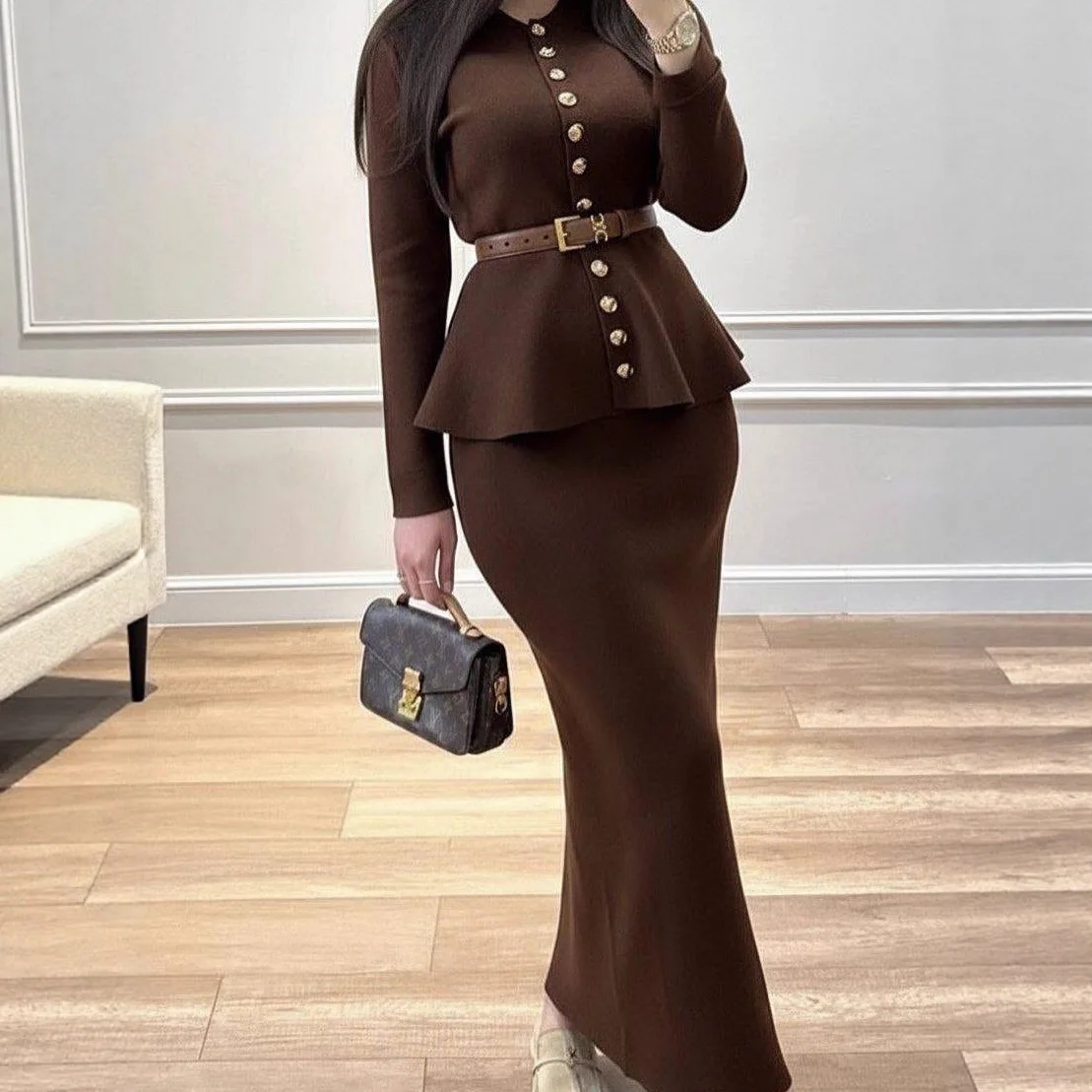 Women Two Piece Sets Skirt Set Y2k Streetwear Elegant Work Turn Down Collar Full Sleeve Tops Hip Wrap Mermaid Skirts Belt Spring image 4
