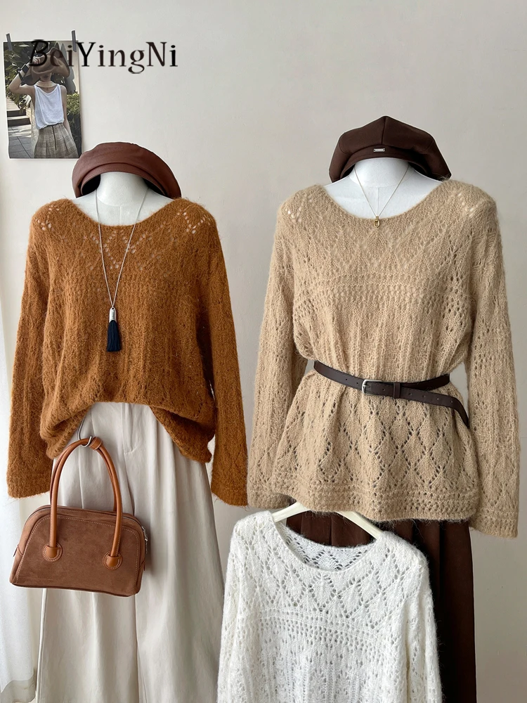 

Beiyingni French Lazy Cashmere Sweater Women Hollow Out Sexy Casual Loose Knitted O-neck Tops Female Gentle Outwear Sweaters