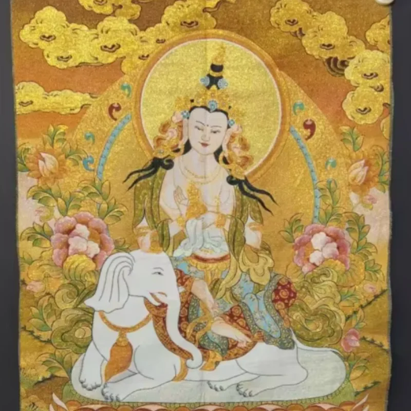 Tangka Embroidery Buddha Statue Hanging Painting Silk Cloth Paint White Elephant Samantabhadra