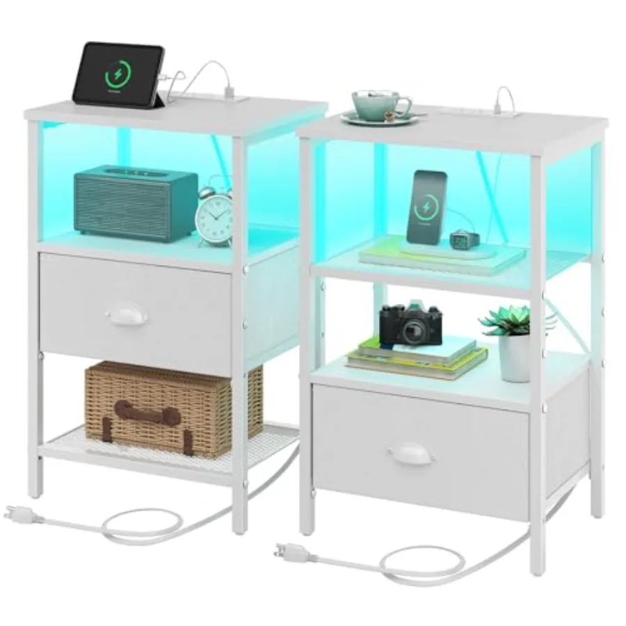 

Nightstands Set of 2 LED Bedside Tables with Charging Station and Fabric Drawer Night Stand with Storage 3 Tier Side Tab
