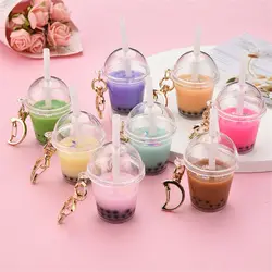 Cute Mini Bubble Tea Keychain para Mulheres, Simulação Acrílica, Bubble Cup, Moon Key Chains com Palha, Girl Gift, Pingente de Decoração