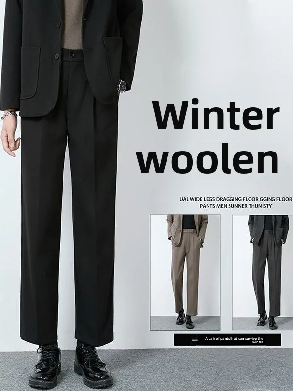 

Men's Thiened Woolen Pants Autumn Winter New Sle Loose Drapey Suit Casual Faion Ci Youth Polyester Fiber Straight Leg