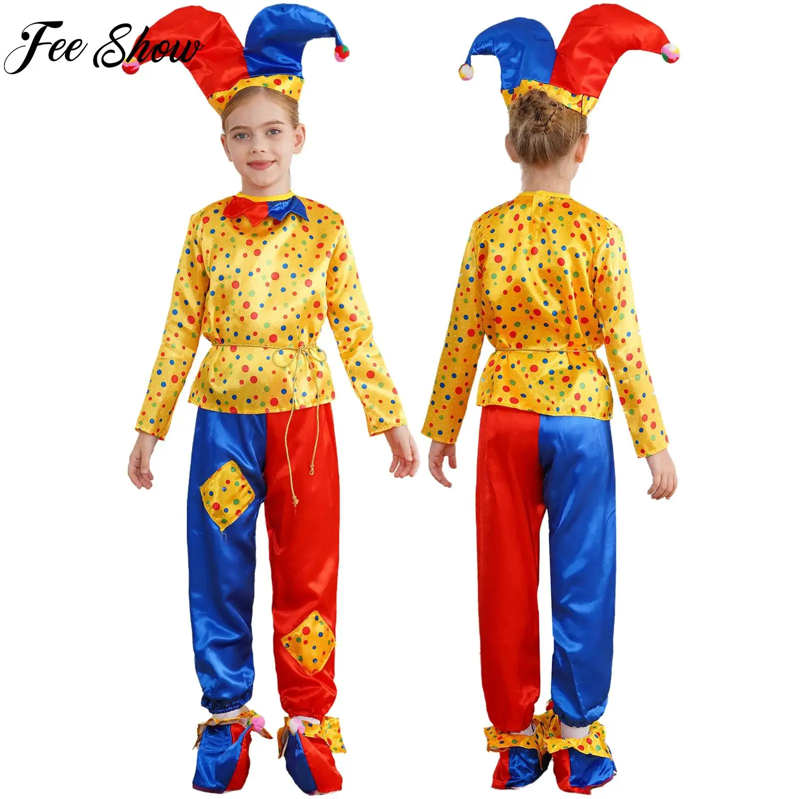 Anime Halloween Cosplay Clown Dance Performance Outfits Joker Cosplay Costume for Kids Jumpsuit with Hat and Shoe Cover