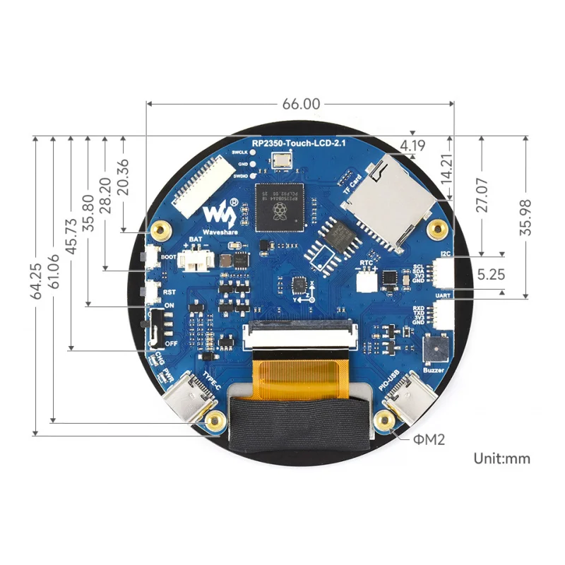 SKU-32702 Waveshare RP2350 2.1inch Capacitive Touch Round Display Development Board, 480×480 IPS Panel