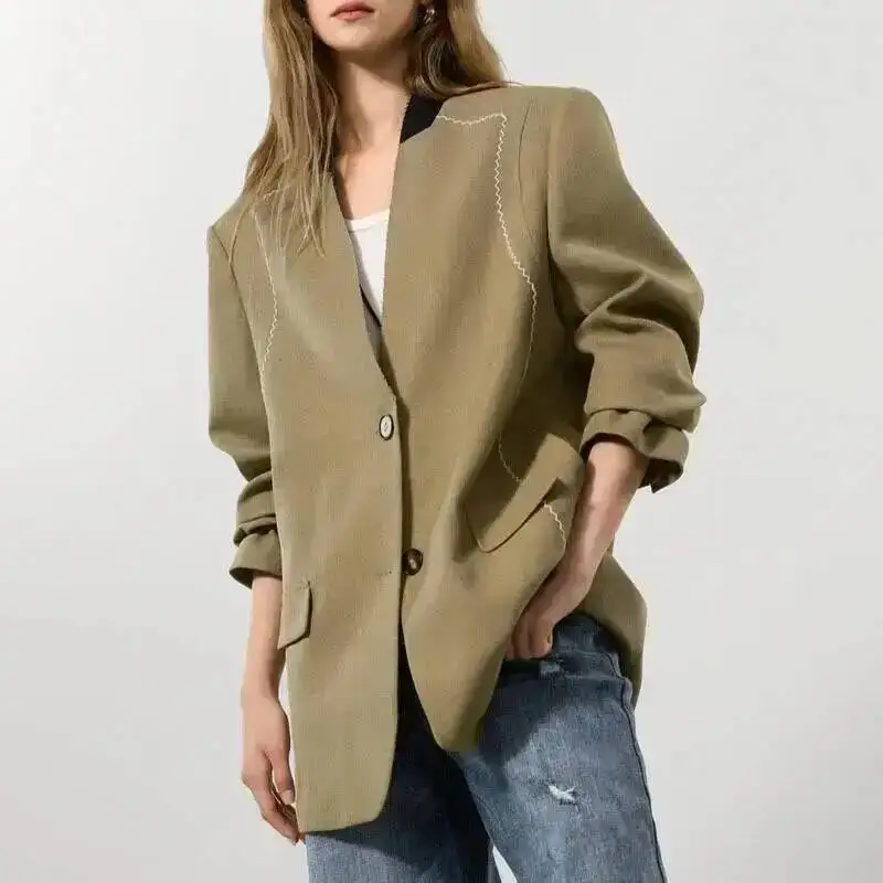 Chaqueta Blazer de Diseño Vintage BJTZ para Mujer, Primavera-Otoño 2025, Nueva, Holgada, Versátil, para Oficina, Abrigo Femenino