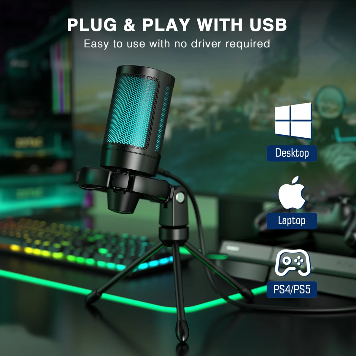ميكروفون ألعاب AmpliGame RGB USB مع كتم صوت يعمل باللمس الخفيف، ميكروفون مكثف مع حامل ثلاثي القوائم للكمبيوتر الشخصي، PS4/5، بث بث الكمبيوتر المحمول -A2