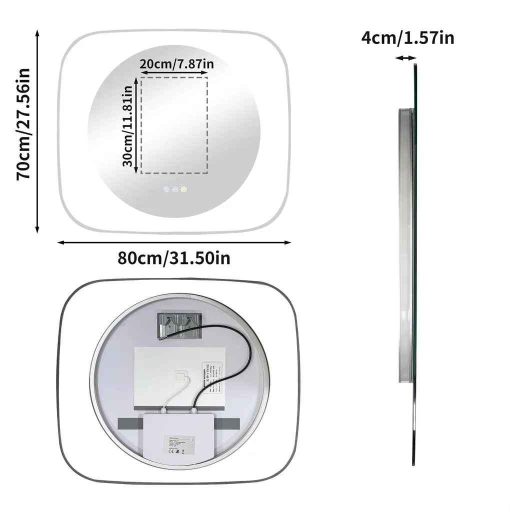 مرآة حمام LED مقاس 80 × 70 سم، مرآة حمام مضاءة فريدة من نوعها مع إضاءة خلفية بحواف زجاجية شفافة، مزيل الضباب، درجة حرارة 3 ألوان