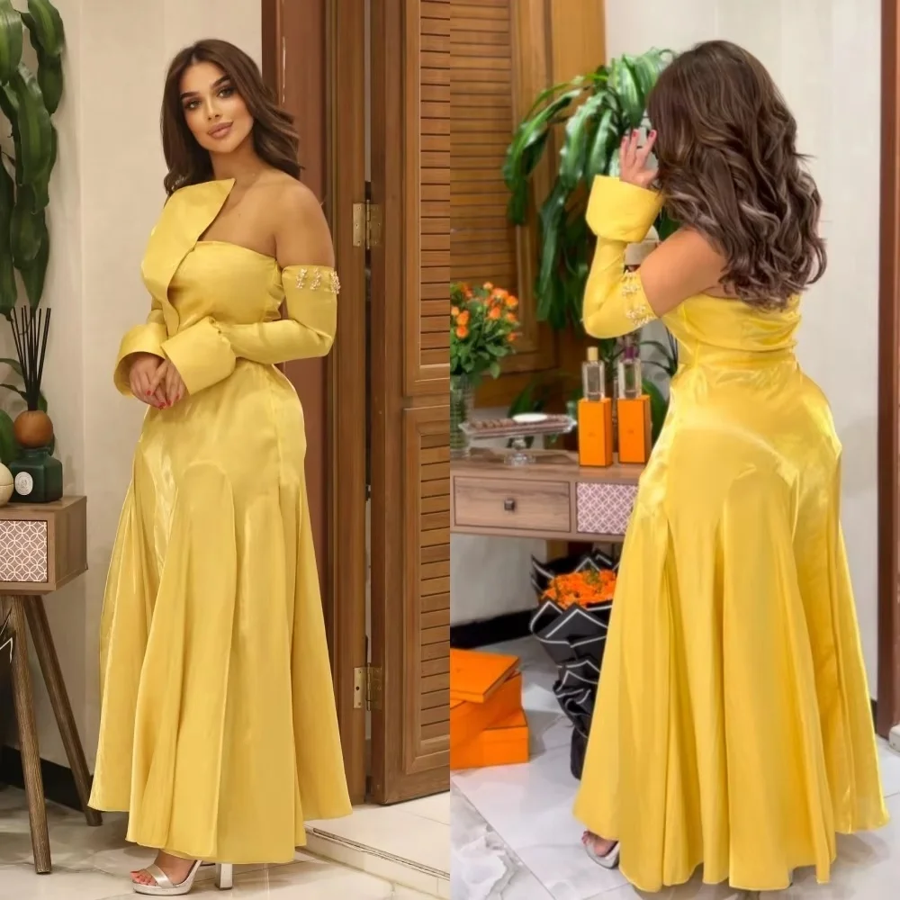 

Customized Strapless Evening Dress Gorgeous Half Sleeve Prom Dresses Beading Formal Occasion Satin Party Gown Robe Soiree