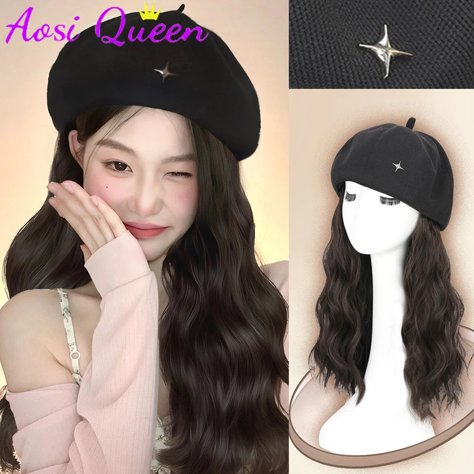 AOSI 15-inch Long Curly Hair With Black Beret Synthetic 2023 New Fashion Natural Autumn And Winter Wig Cap