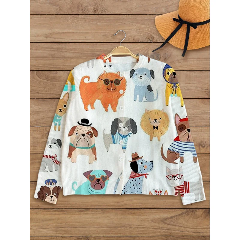 

Japanese Korean Sweet Cute Graffiti Painting Puppy Print Girl Sweater Knit Cardigan Warm Crew Neck Long Sleeve Button Autumn